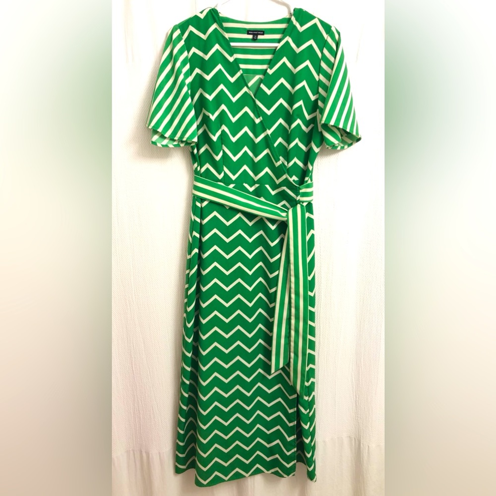 Who What Wear green and white striped Chevron maxi wrap dress with tie